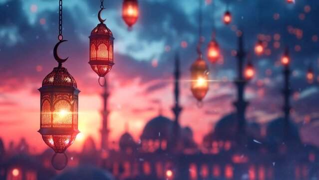 Silhouette of mosque and lanterns against the sky at sunset, for an Islamic theme. seamless looping 4k time-lapse animation video background