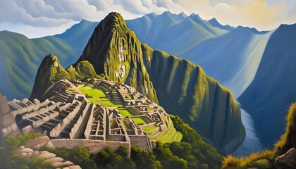 Machu Picchu Mountain Landscape Oil Painting - obrazy, fototapety, plakaty