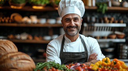 A friendly cheerful chef in a traditional Italian restaurants kitchen with raw food materials on desk. Generative AI. - obrazy, fototapety, plakaty
