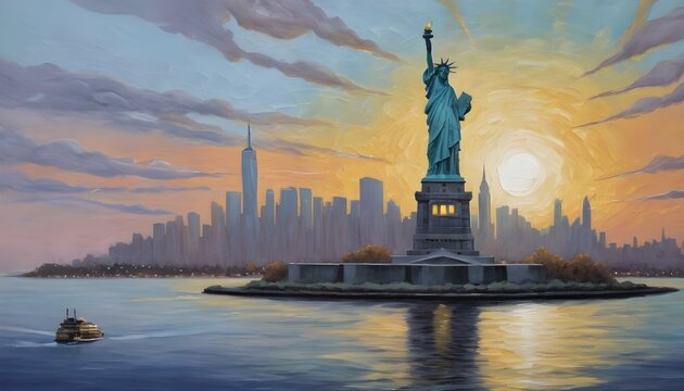 Majestic Statue of Liberty Soaring Over the New York Skyline