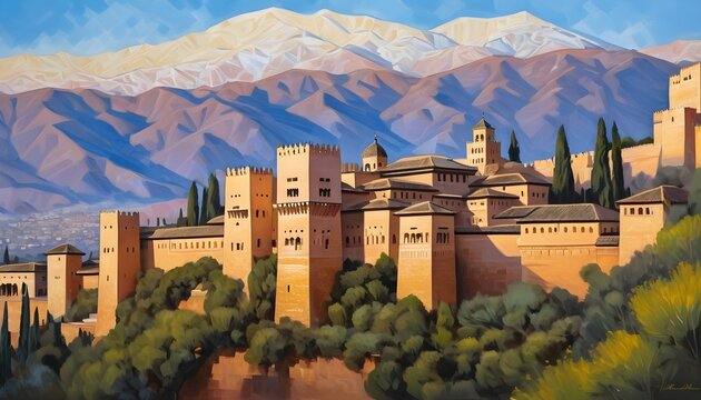 Exquisite Oil Painting of the Alhambra Palace Illuminated by the Spanish Sun