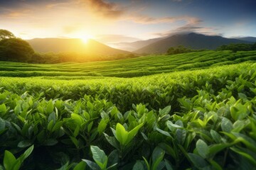 Green tea plantation at sunrise. The best time to pick the leaves.  - obrazy, fototapety, plakaty