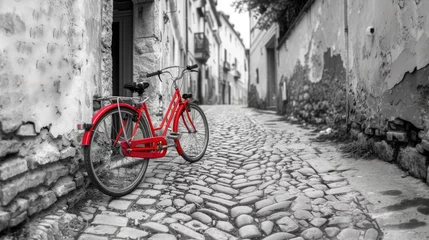 Foto op Plexiglas Retro vintage red bike on cobblestone street in the old town. Color in black and white. Old charming bicycle concept. © buraratn