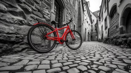 Zelfklevend Fotobehang Retro vintage red bike on cobblestone street in the old town. Color in black and white. Old charming bicycle concept. © buraratn