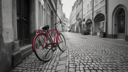 Retro vintage red bike on cobblestone street in the old town. Color in black and white. Old charming bicycle concept.