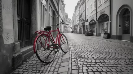 Gordijnen Retro vintage red bike on cobblestone street in the old town. Color in black and white. Old charming bicycle concept. © buraratn