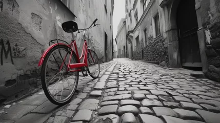 Zelfklevend Fotobehang Retro vintage red bike on cobblestone street in the old town. Color in black and white. Old charming bicycle concept. © buraratn
