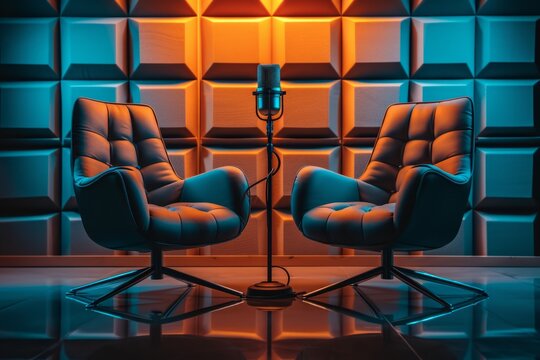 Studio setup for podcast recording with ambient lighting