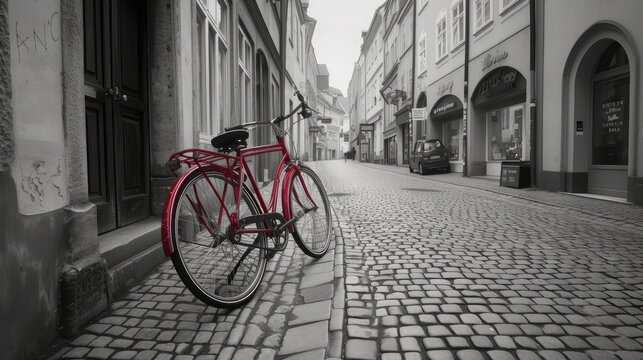 Retro vintage red bike on cobblestone street in the old town. Color in black and white. Old charming bicycle concept. © buraratn