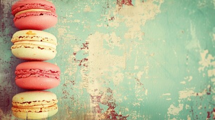 Sweet and colourful french macaroons on retro-vintage background - obrazy, fototapety, plakaty