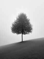 Obraz premium A solitary tree stands tall on a misty hill, its monochrome silhouette blending into the foggy landscape as it reaches for the sky