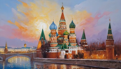 Oil Painting of the Kremlin in Moscow Russia with Colorful Domes