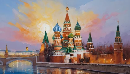 Papier Peint photo autocollant Lavende Oil Painting of the Kremlin in Moscow Russia with Colorful Domes