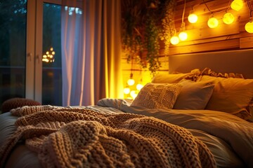 interior of a room with knitted blanket