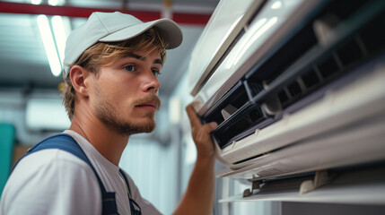 Technician man working on air conditioning indoor unit, HVAC worker professional occupation. Generative AI.
