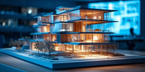 Architectural model of a building with holographic blueprints