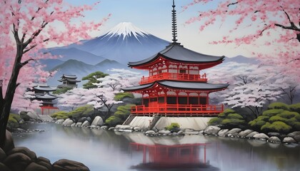 Fototapeta premium Serene Temples of Kyoto Surrounded by Cherry Blossoms