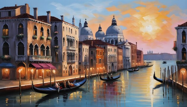 Oil Painting of the Romantic Canals of Venice Winding Past Elegant Palaces