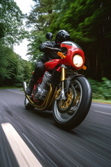 A man is riding a red motorcycle in an inland area that has good road quality. - obrazy, fototapety, plakaty