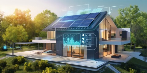 Conceptual smart home with solar panels and energy efficiency display - obrazy, fototapety, plakaty
