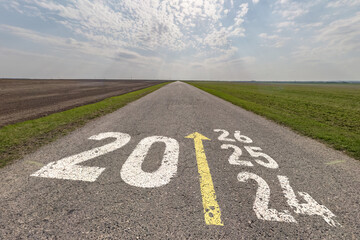 numbers 2025, 2024 and start on asphalt road highway with sunrise or sunset sky background. concept of destination in future, freedom, work start, run, planning, challenge, target, new year
