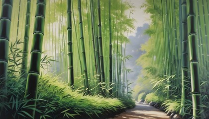 Tranquil Kyoto Bamboo Forest Oil Painting