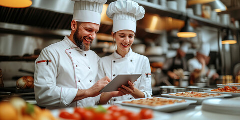 Professional Chefs Sharing a Joyful Moment While Reviewing a Recipe on a Tablet in a Commercial Kitchen, Culinary Collaboration Concept