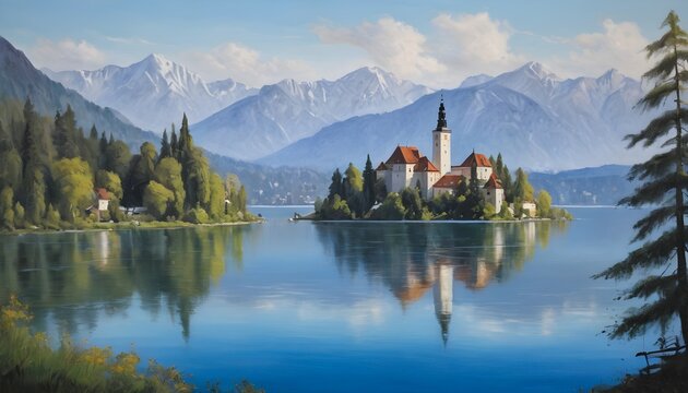 Serene Oil Painting of Lake Bled Nestled in the Julian Alps of Slovenia