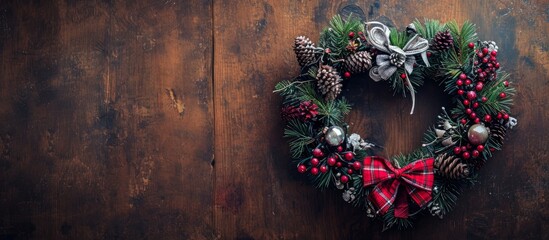 Fototapeta na wymiar Dark oak background with a heart-shaped Christmas wreath adorned by silver Scottish thistle, bow, and bauble.
