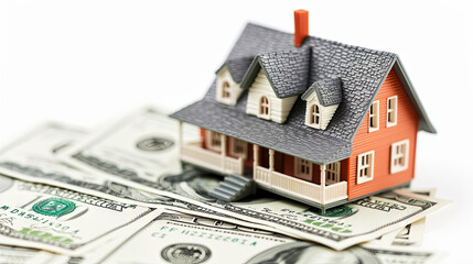 Business concept of selling houses, small house and banknotes - obrazy, fototapety, plakaty