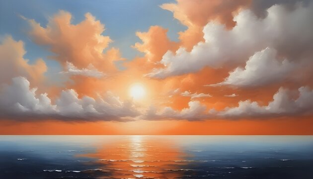 Tranquil Seascape: Soft Orange and White Ocean with Clouds in Oil
