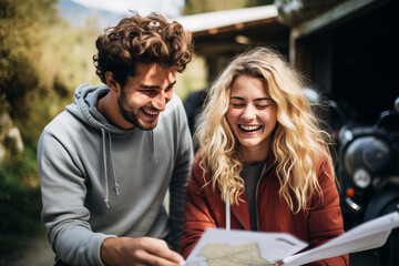 Couple laughing while planning a trip with a map