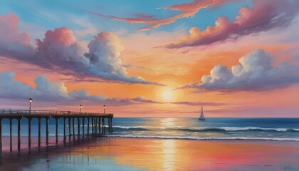 Fototapeta na wymiar Peaceful Sunset Pier - Soft Pastel Seascape Painting with Gentle Clouds