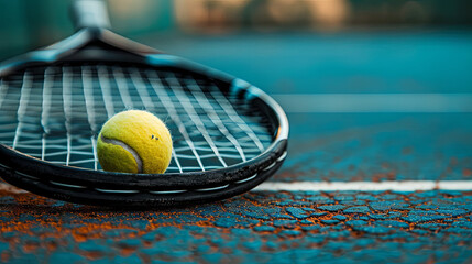 Tennis racket with ball on the court
