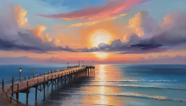 Sunset Pier - Soft Pastel Sea Painting with Gentle Clouds