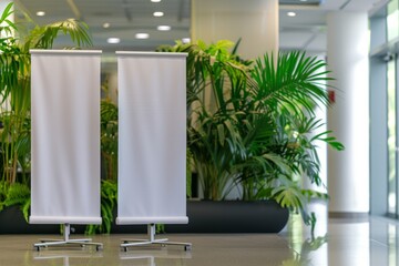 Blank roll up banners in a modern office lobby