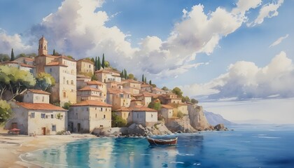 Mediterranean Village Seascape - Bright Watercolor Painting with Sunlit Clouds - obrazy, fototapety, plakaty