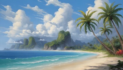 Tropical Island Paradise - Exotic Digital Sea Painting with Palm-Fringed Clouds