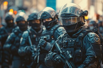 Fototapeta premium armed group of police officers with protective suits and helmets