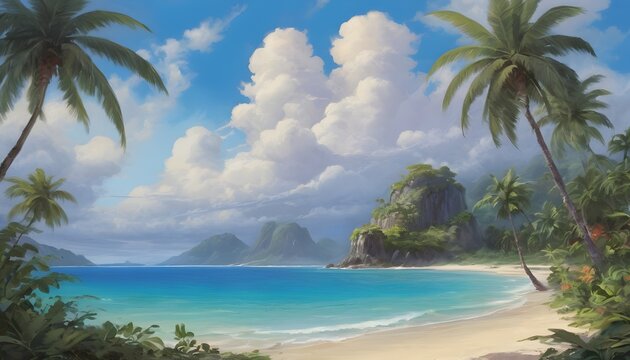 Tropical Island Paradise - Exotic Digital Sea Painting with Palm-Fringed Clouds