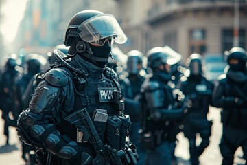 Fototapeta premium armed group of police officers with protective suits and helmets