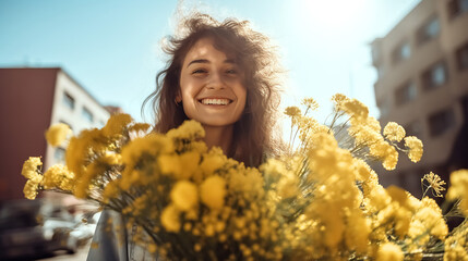 Woman with bouquet of yellow flowers looking at the camera on the street