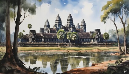 Watercolor Painting of Angkor Wat - its majestic spires rising above the surrounding jungle - dappled in sunlight