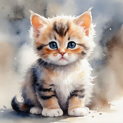 Watercolor Painting of Cute Cat Baby