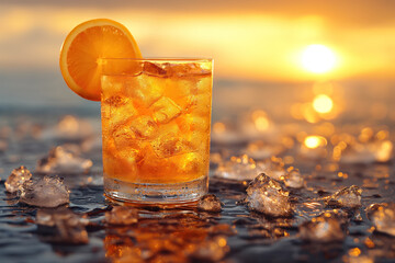 Yellow cocktail against sunset background. Alcoholic or non-alcoholic drinks on a landscape background. - obrazy, fototapety, plakaty