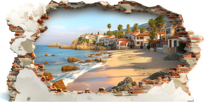 Cracked wall view to the coastal townscape, mountains and sandy beach. Travel, resorts and vacation concept