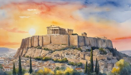 Watercolor Painting of the Acropolis of Athens - its ancient ruins glowing in the golden light of a Grecian sunset - obrazy, fototapety, plakaty