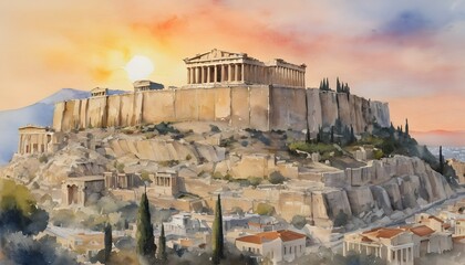 Ancient Acropolis of Athens Glows in Golden Light of Grecian Sunset - obrazy, fototapety, plakaty