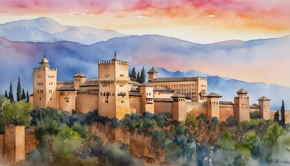 Alhambra Palace - A Watercolor Painting of Moorish Architecture - obrazy, fototapety, plakaty