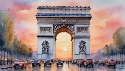 Watercolor Painting of the Arc de Triomphe - its grandeur softened by the pastel hues of a Parisian sunset - obrazy, fototapety, plakaty